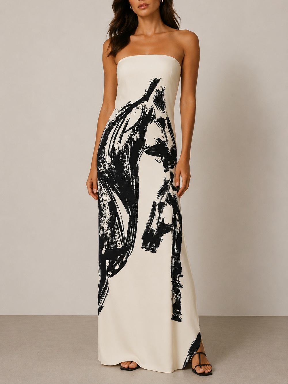 Conditions Apply Cream Black Abstract Horse Print Strapless Maxi Dress Large